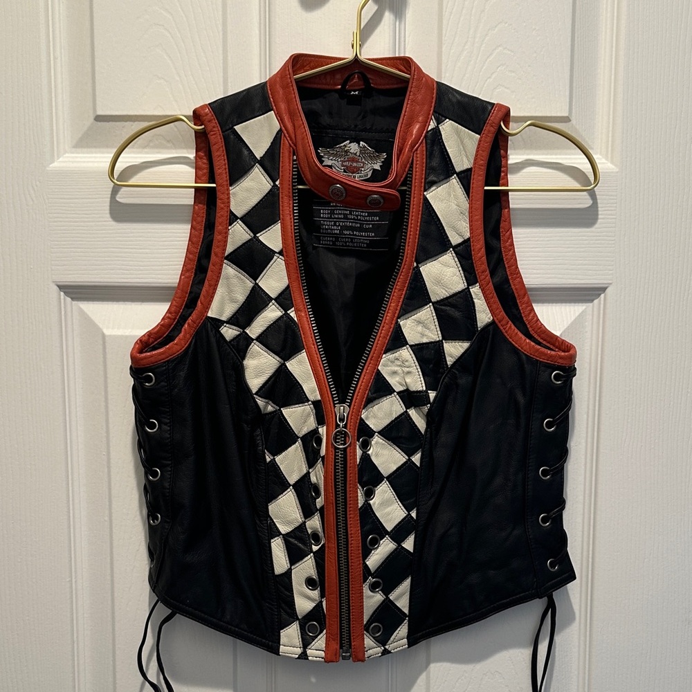 Harley-Davidson Black and Orange Checkered Leather Vest